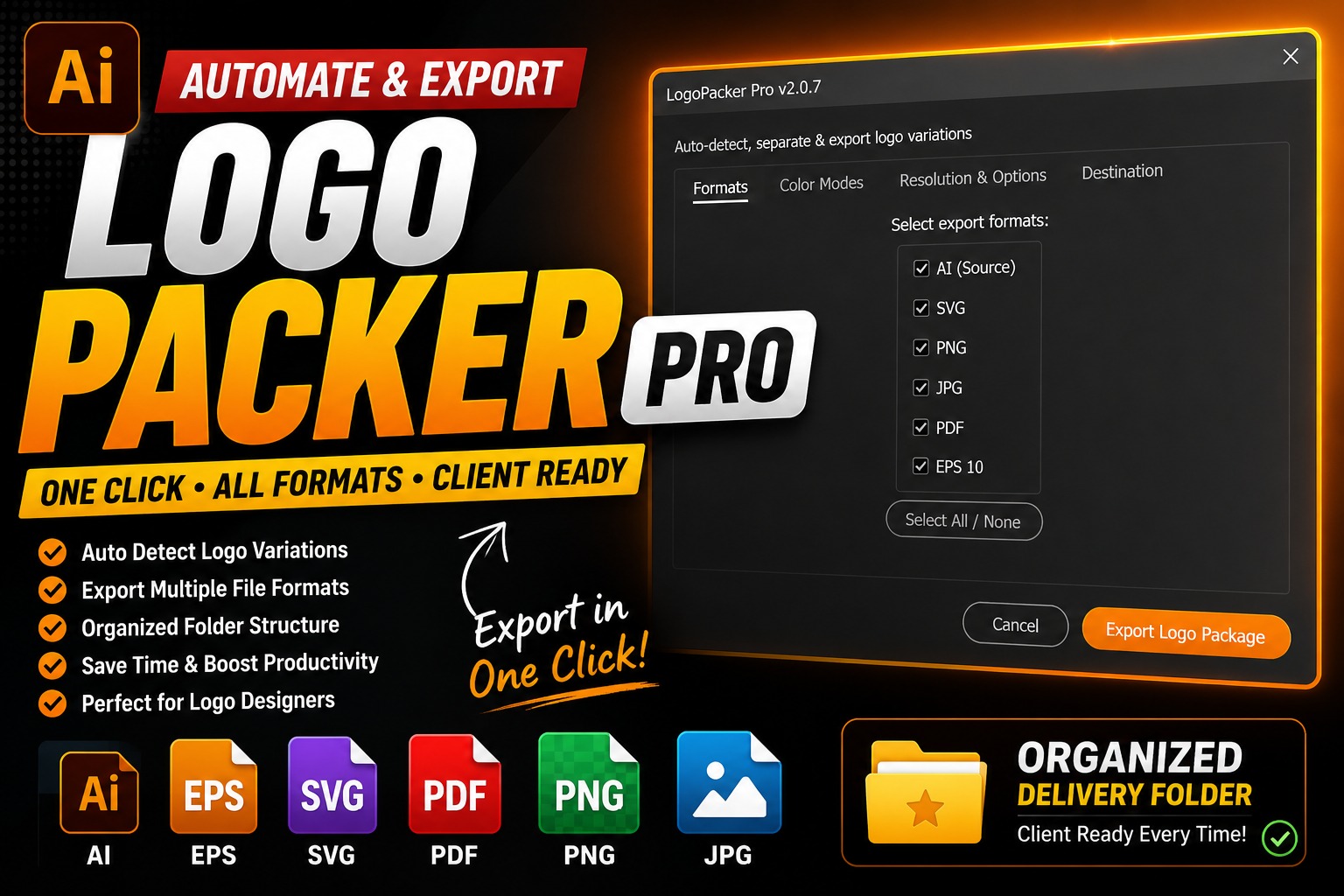 Logo Packer Pro in Adobe Illustrator to export professional logo delivery files in just one click!