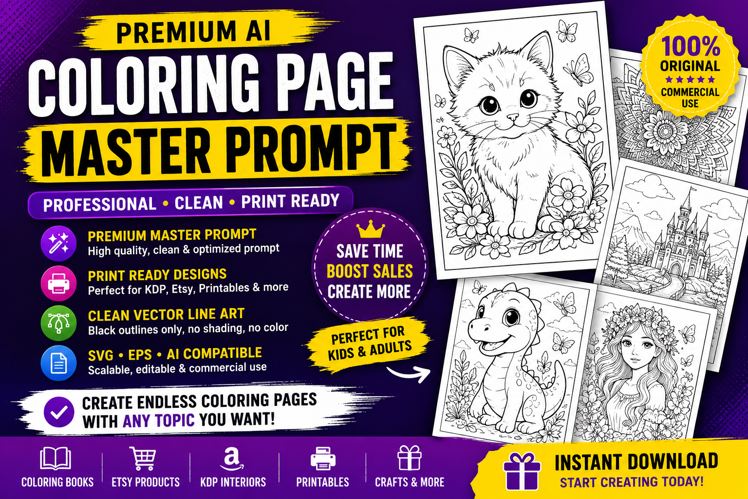 Premium AI Coloring Page Master Prompt | Adobe Stock, KDP, Etsy ও Printable Design-এর জন্য Professional Prompt